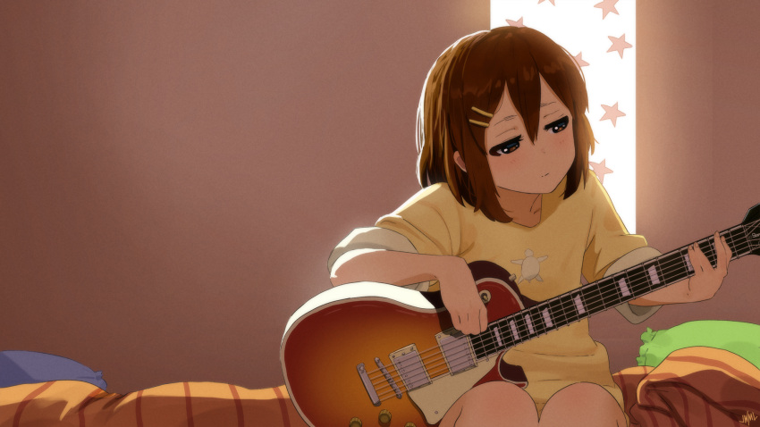 1girl bed brown_eyes brown_hair electric_guitar guitar hair_between_eyes hair_ornament hairclip hands highres hirasawa_yui indoors instrument justin_leyva_(steamy_tomato) k-on! knees light_rays on_bed pillow shadow shirt signature sitting sitting_on_bed sleeves_pushed_up solo star wall