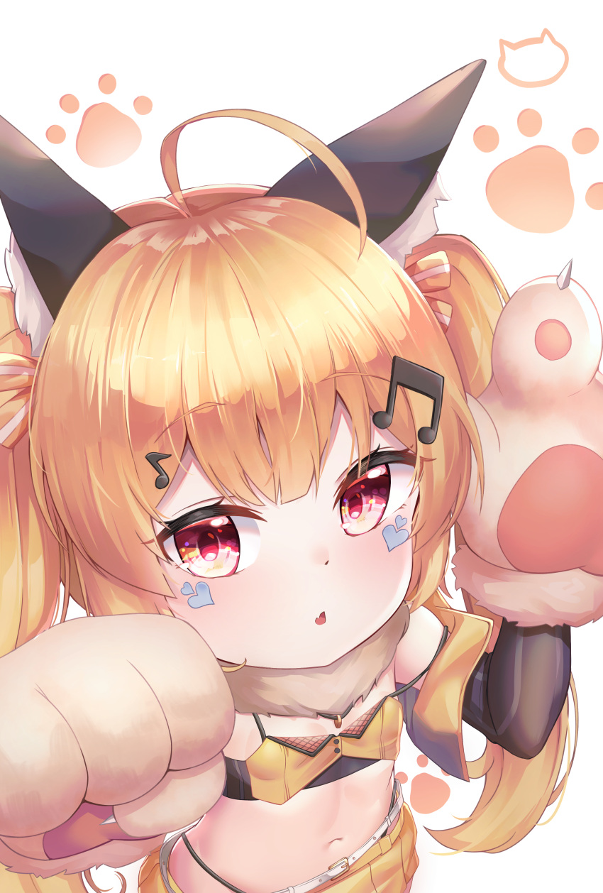 1girl absurdres ahoge animal_ear_fluff animal_ears arms_up azur_lane belt bikini bikini_top black_bikini black_bikini_top black_sleeves blonde_hair cat_ears detached_sleeves eldridge_(azur_lane) fur_collar gloves hair_ornament hairclip highres long_hair mannaku navel open_mouth paw_gloves paw_pose paws red_eyes skirt solo swimsuit twintails white_gloves yellow_skirt