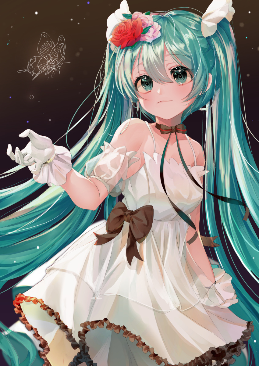 1girl absurdres aqua_eyes aqua_hair bow bowtie bug butterfly cowboy_shot dress flower gloves hair_between_eyes hair_flower hair_ornament hatsune_miku highres insect long_hair myowa solo twintails very_long_hair vocaloid white_dress white_gloves