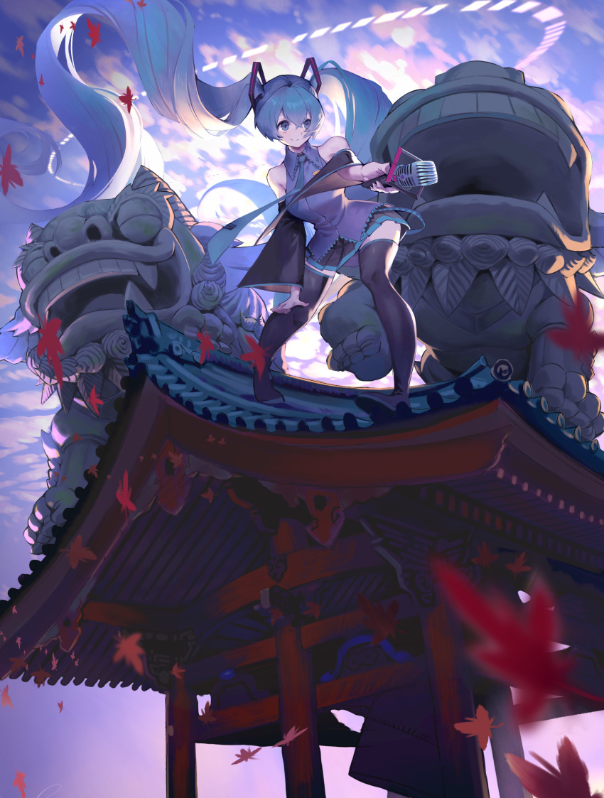 1girl absurdly_long_hair absurdres aqua_eyes aqua_hair aqua_neckwear architecture bare_shoulders bell black_legwear black_skirt black_sleeves blue_sky blurry boots clouds cloudy_sky commentary day depth_of_field detached_sleeves east_asian_architecture grey_shirt hair_ornament halo hatsune_miku highres holding holding_microphone leaf leaning_forward leaves_in_wind lion long_hair looking_to_the_side making-of_available maple_leaf microphone midorimura_naoki necktie on_roof outdoors outstretched_arm reaching_out shirt skirt sky sleeveless sleeveless_shirt smile solo statue thigh-highs thigh_boots twintails very_long_hair vocaloid wide_shot zettai_ryouiki