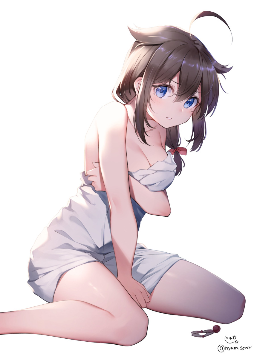 1girl absurdres ahoge arm_across_chest between_legs black_hair blue_eyes blush braid hair_flaps hair_ornament hair_ornament_removed hair_over_shoulder hair_ribbon hand_between_legs highres kantai_collection long_hair looking_at_viewer naked_towel nyum parted_lips remodel_(kantai_collection) ribbon shigure_(kantai_collection) signature single_braid sitting solo towel twitter_username wariza white_background