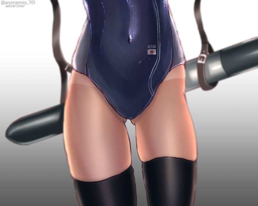 1girl anonamos black_legwear close-up commentary covered_navel head_out_of_frame highleg highleg_swimsuit kantai_collection lower_body one-piece_swimsuit one-piece_tan ro-500_(kantai_collection) school_swimsuit simple_background skindentation solo swimsuit tan tanline thigh-highs torpedo