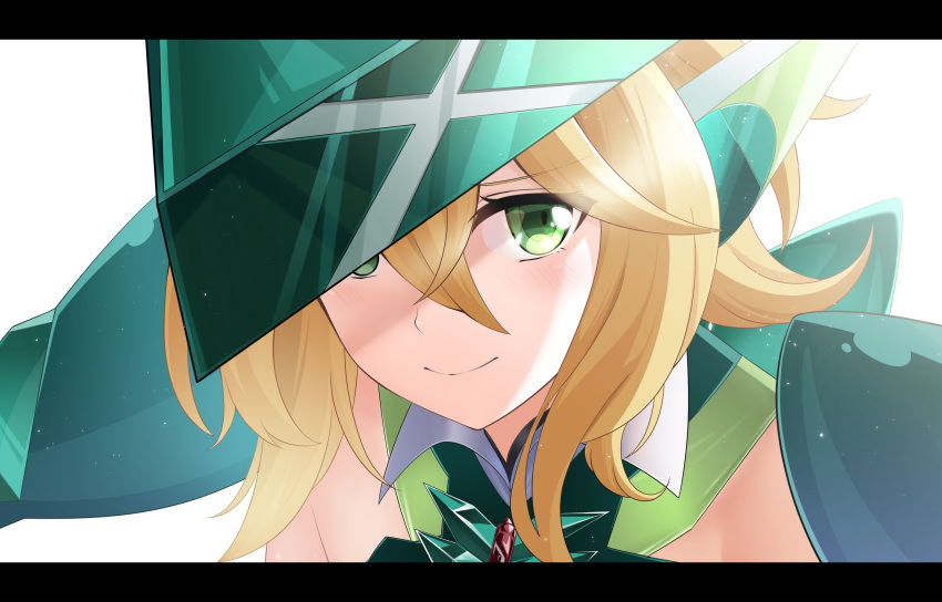 1girl absurdres akatsuki_kirika armor blush close-up closed_mouth commentary_request face green_eyes green_leotard headgear highres leotard letterboxed looking_at_viewer nyanmaru pauldrons senki_zesshou_symphogear shiny shiny_hair shiny_skin short_hair simple_background smile solo upper_body white_background