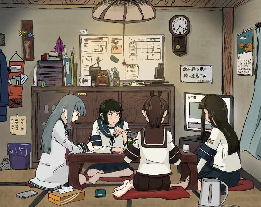 4girls bangs black_hair blush brown_hair calendar_(object) clock closed_mouth cup curtains dress flower grey_hair hair_ribbon hatsuyuki_(kantai_collection) highres holding holding_pen indoors kantai_collection kuragare long_hair long_sleeves miyuki_(kantai_collection) multiple_girls murakumo_(kantai_collection) pen phone pillow ponytail ribbon sailor_collar sailor_dress school_uniform serafuku shikinami_(kantai_collection) short_hair short_sleeves sitting skirt table television tissue_box trash_can tress_ribbon watching_television