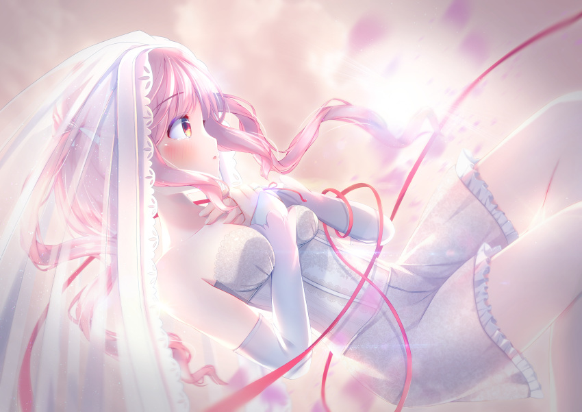 1girl absurdres arm_warmers azur_lane blush breasts character_request dress frills highres long_hair looking_to_the_side medium_breasts pink_hair profile red_ribbon red_string ribbon simple_background solo string unwitherer veil wedding_dress