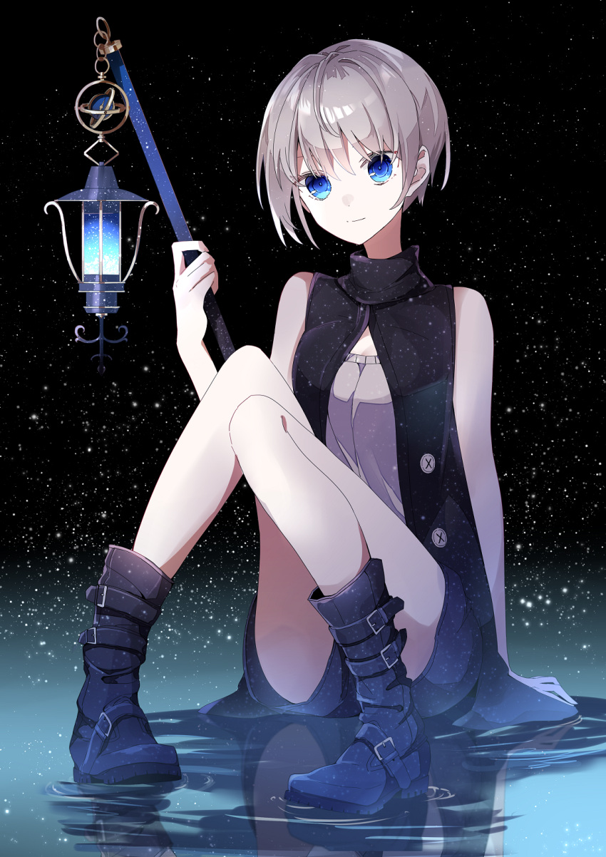 1girl aa_(sin2324) bangs bare_arms bare_shoulders black_footwear black_jacket black_shorts blue_eyes boots breasts closed_mouth commentary_request eyebrows_behind_hair grey_hair grey_shirt hair_between_eyes highres holding jacket knees_together_feet_apart lantern light_smile looking_at_viewer night night_sky open_clothes open_jacket original reflection ripples shirt short_hair short_shorts shorts sitting sky small_breasts solo star_(sky) starry_sky water
