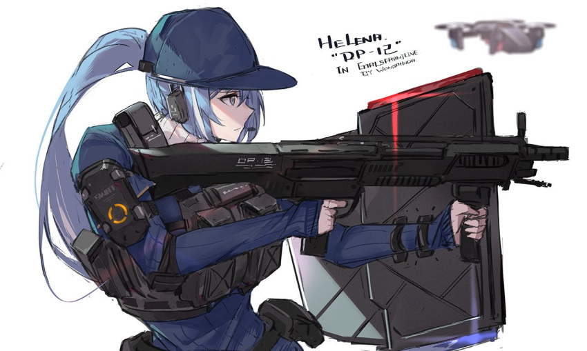 1girl arm_guards arm_shield artist_name bangs belt blue_eyes blue_hair blue_headwear blue_sweater breasts character_name dp-12_(girls_frontline) drone expressionless girls_frontline gun headset holding holding_gun holding_weapon large_breasts load_bearing_vest long_hair looking_afar multicolored_hair pandea_work ponytail pouch pump_action ribbed_sweater shotgun sidelocks solo standard_manufacturing_dp-12 sweater turtleneck turtleneck_sweater weapon white_background white_hair white_sweater