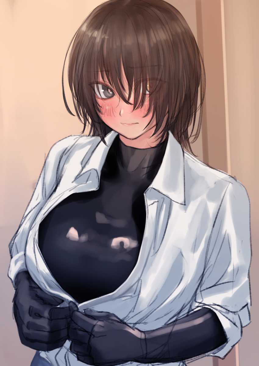 1girl bangs black_gloves blush bodysuit breasts brown_hair closed_mouth collared_shirt eyebrows_visible_through_hair eyes_visible_through_hair gimp_suit gloves hair_over_one_eye highres kilye_4421 large_breasts latex_bodysuit long_sleeves looking_at_viewer original shirt short_hair upper_body white_shirt