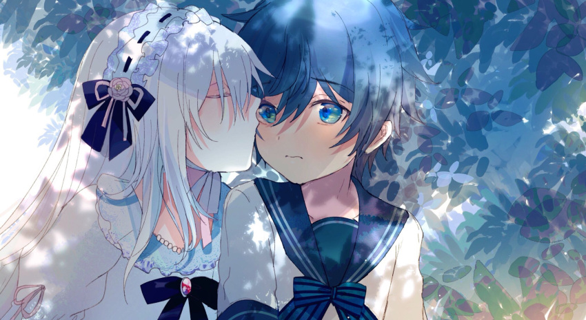 1boy 1girl bangs black_bow blue_bow blue_eyes blue_hair blue_sailor_collar blush bow cheek_kiss closed_eyes closed_mouth collarbone commentary_request dress eyebrows_visible_through_hair flower frilled_hairband frills hair_between_eyes hairband hetero highres kayanogura kiss original pink_flower pink_ribbon pink_rose profile puffy_short_sleeves puffy_sleeves ribbon ribbon-trimmed_hairband ribbon_trim rose sailor_collar shirt short_sleeves striped striped_bow upper_body white_dress white_hair white_hairband white_shirt