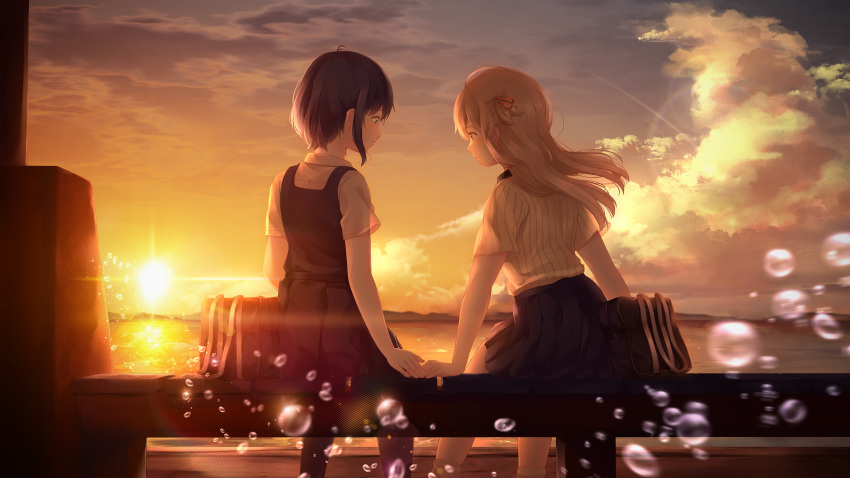 2girls absurdres amano_konatsu bag black_hair black_skirt bookbag bubble clouds hair_ribbon highres honami_koyuki long_hair multiple_girls nettaigyo_wa_yuki_ni_kogareru ribbed_shirt ribbon shirt short_hair short_sleeves sidelocks sitting_on_railing skirt sunset uniform unwitherer yuri