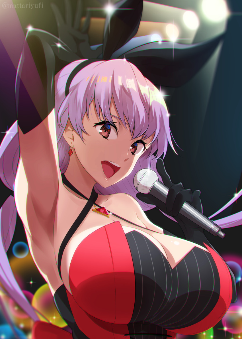 1girl absurdres arm_up armpits bangs black_gloves blush breasts criss-cross_halter earrings elbow_gloves gloves hair_ribbon halterneck highres jewelry kyokou_suiri large_breasts lavender_hair long_hair looking_at_viewer low_twintails mattari_yufi microphone nanase_karin_(kyokou_suiri) open_mouth red_eyes ribbon smile solo twintails