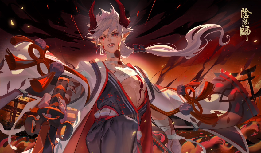 aerysky black_lips bleeding blood blood_on_face dark_sky dual_wielding highres holding holding_sword holding_weapon horns long_hair looking_at_viewer male_focus onikiri_(onmyoji) onmyoji outdoors pointy_ears ponytail red_eyes red_horns standing sword tassel torii weapon white_hair wide_sleeves