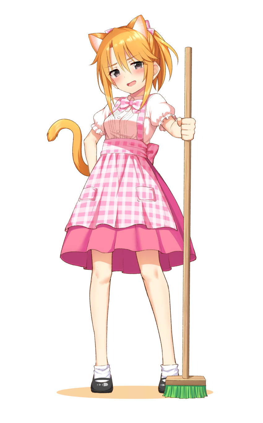1girl absurdres animal_ears apron bangs blush bow breasts broom cat_ears cat_tail dress full_body go-1 grey_eyes hair_between_eyes hair_bow highres idolmaster idolmaster_cinderella_girls long_hair looking_at_viewer open_mouth orange_hair pink_bow pink_dress ponytail puffy_short_sleeves puffy_sleeves short_sleeves sidelocks simple_background small_breasts smile solo tail white_background yuuki_haru