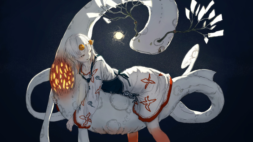 antlers apron bangs creature dress feet_out_of_frame glowing gradient_hair highres horns long_sleeves looking_back lying moon multicolored_hair night oborobi_huuhetu on_stomach orange_hair original red_eyes red_nails red_skin simple_background smile white_dress white_hair youkai yushika