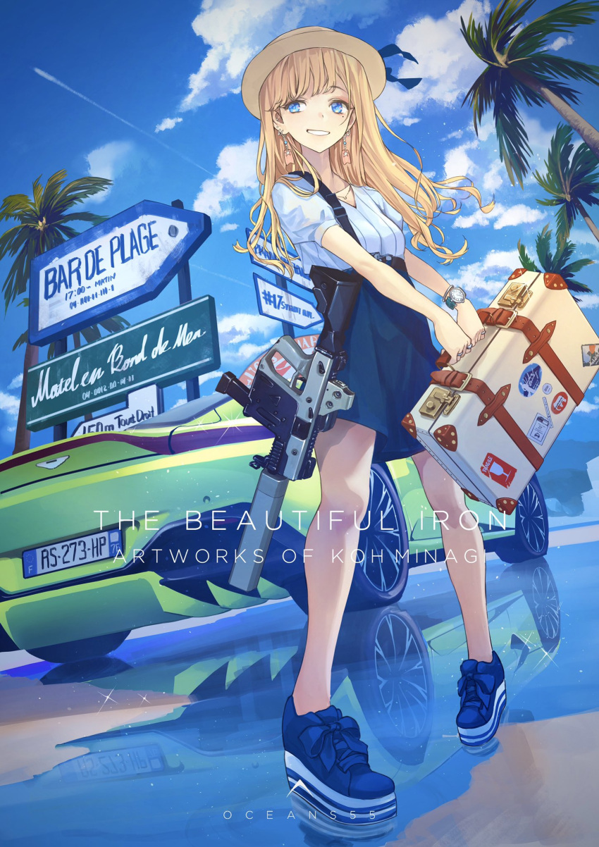 1girl assault_rifle aston_martin aston_martin_vantage bangle bangs belt blue_footwear blue_shirt blue_skirt blue_sky bracelet breasts car clouds condensation_trail day ear_piercing earrings full_body ground_vehicle gun hat high-waist_skirt highres holding_case jewelry koh_(minagi_kou) long_hair looking_at_viewer motor_vehicle multiple_earrings multiple_rings necklace original outdoors palm_tree parted_lips piercing puffy_sleeves rifle shirt shoes sidelocks skirt sky small_breasts smile sneakers solo standing tree watch watch weapon