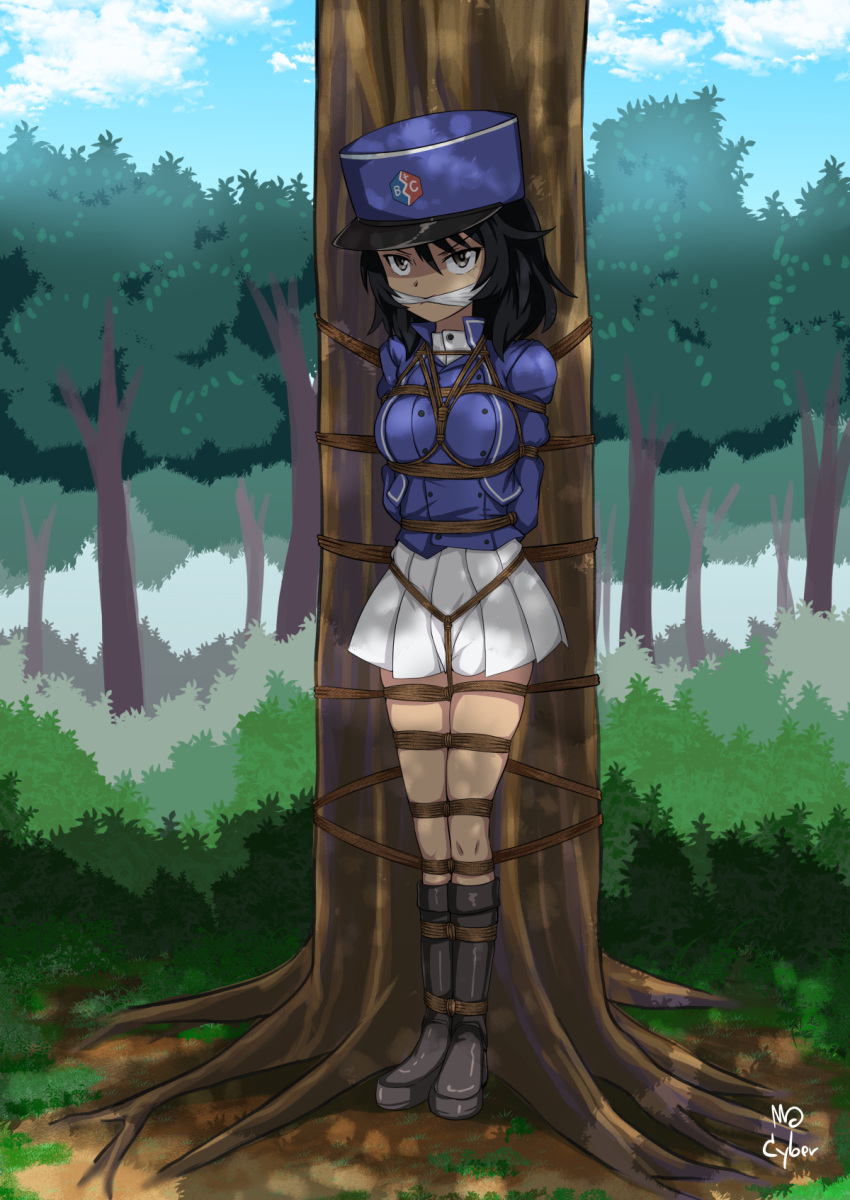 1girl andou_(girls_und_panzer) artist_name bangs bc_freedom_(emblem) bc_freedom_military_uniform bdsm black_footwear black_hair blue_headwear blue_jacket blue_sky blue_vest bondage boots bound brown_eyes clouds cloudy_sky commentary cyber_(cyber_knight) dark_skin day dress_shirt emblem english_commentary gag girls_und_panzer hat high_collar highres jacket kepi knee_boots long_sleeves looking_at_viewer medium_hair messy_hair military military_hat military_uniform miniskirt outdoors pleated_skirt rope shirt signature skirt sky solo standing tied_up tree uniform vest white_shirt white_skirt