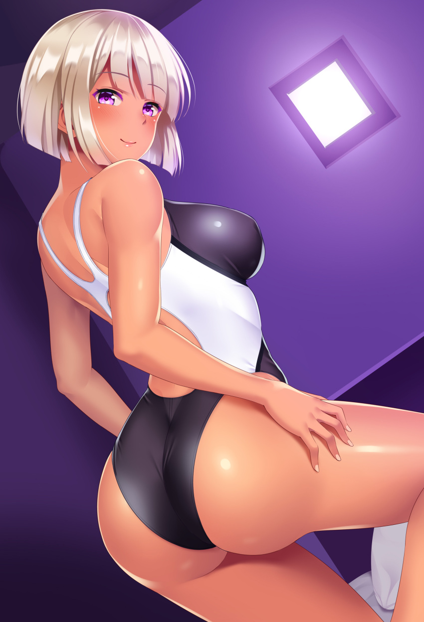 1girl absurdres arm_at_side ass bangs bare_shoulders bed bed_sheet bedroom black_swimsuit blunt_bangs blush bob_cut breasts closed_mouth competition_swimsuit cowboy_shot eyebrows_visible_through_hair eyelashes fantia_reward fingernails from_behind hand_on_lap highleg highleg_swimsuit highres huyumitsu indoors knee_up looking_at_viewer looking_back medium_breasts on_bed one-piece_swimsuit original paid_reward pillow shiny shiny_skin short_hair shoulder_blades silver_hair skin_tight smile solo standing swimsuit thighs violet_eyes white_nails white_swimsuit
