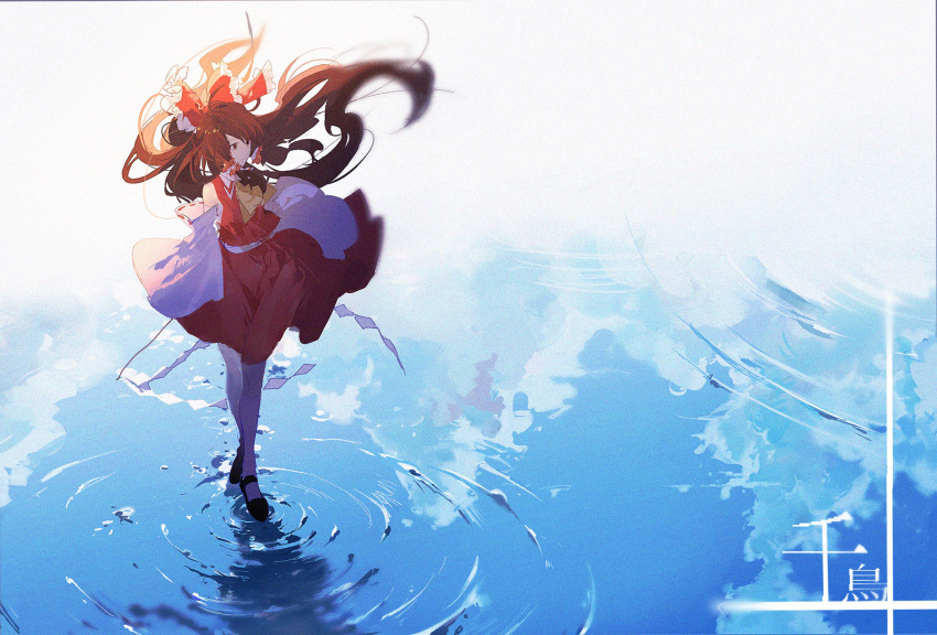 1girl ascot bare_shoulders black_footwear bloom bow brown_hair closed_mouth clouds collared_shirt commentary_request detached_sleeves floating_hair frilled_bow frilled_hair_tubes frills from_above full_body gohei hair_bow hair_tubes hakurei_reimu highres ink_(303682546) kneehighs long_hair long_sleeves mary_janes nontraditional_miko oonusa red_bow red_eyes red_shirt red_skirt reflection ribbon-trimmed_sleeves ribbon_trim ripples shirt shoes skirt skirt_set sleeveless sleeveless_shirt solo standing standing_on_liquid touhou very_long_hair water white_legwear white_sleeves wide_sleeves yellow_neckwear