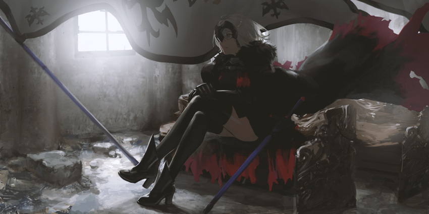 1girl absurdres ankle_boots armor armored_dress bench black_dress black_legwear boots commentary_request crossed_legs dress fate/grand_order fate_(series) flag fur_trim gauntlets headpiece high_heel_boots high_heels highres indoors jeanne_d'arc_(alter)_(fate) jeanne_d'arc_(fate)_(all) k1llg ruins silver_hair sitting solo thigh-highs window