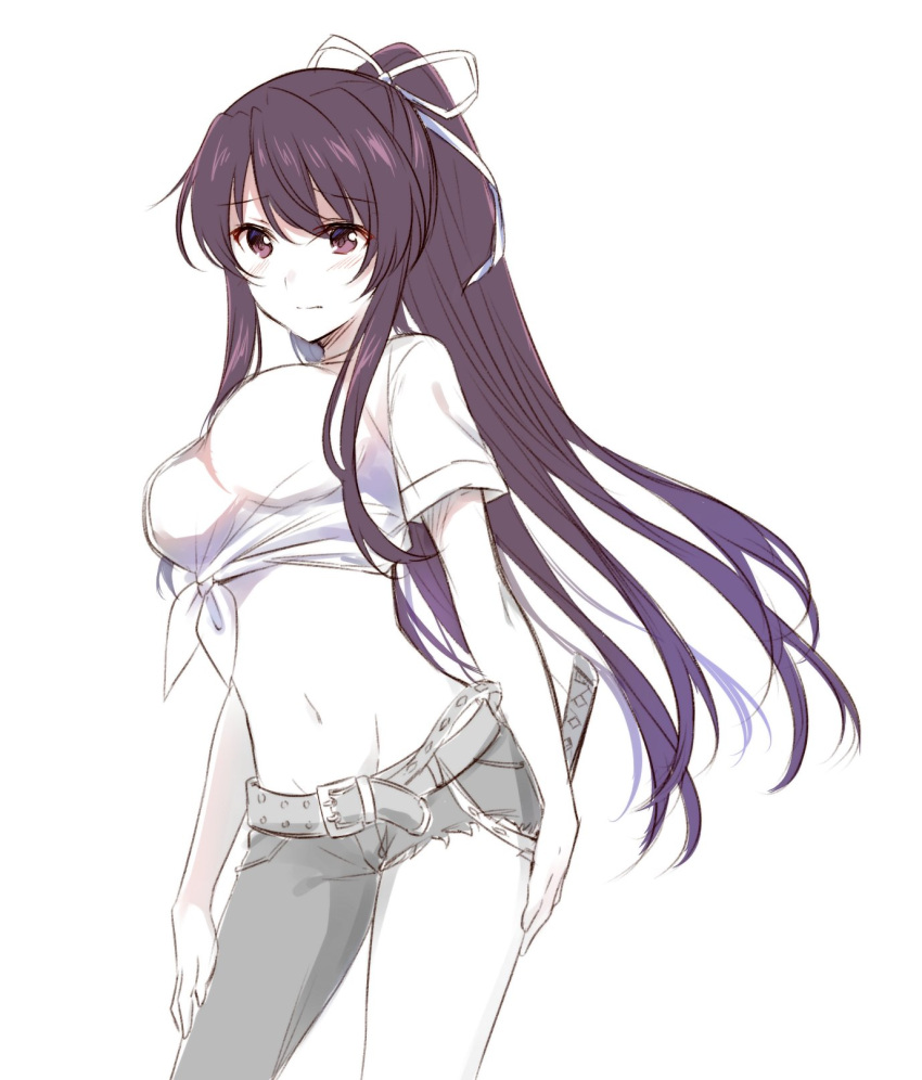 1girl arms_at_sides asymmetrical_legwear bangs belt belt_buckle blush breasts buckle closed_mouth commentary cowboy_shot cutoffs denim eyebrows_visible_through_hair groin hair_between_eyes hair_ribbon highres jeans kanzaki_kaori large_breasts long_hair long_ponytail midriff navel nemu_mohu pants partially_colored ponytail purple_hair ribbon sheath shirt short_sleeves sidelocks simple_background solo stomach t-shirt thighs tied_shirt to_aru_majutsu_no_index violet_eyes white_background white_ribbon white_shirt