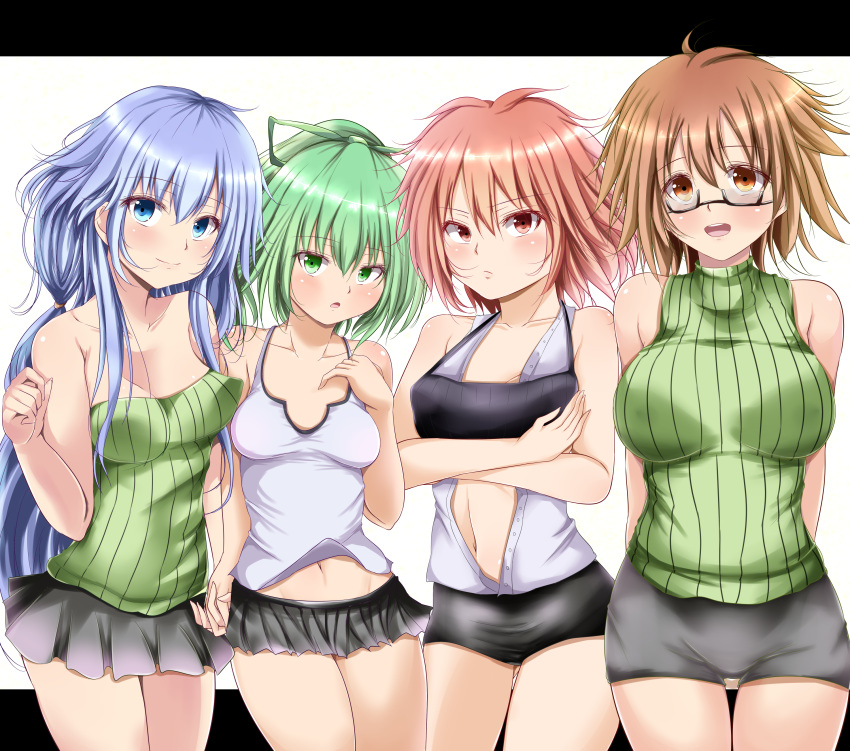 4girls absurdres aqua_eyes aqua_hair arms_behind_back aussa bangs breasts brown_eyes brown_hair center_opening collarbone commentary_request cowlick cropped_legs crossed_arms duel_angel duel_monster eria frown glasses green_eyes green_hair hair_ribbon highres hiita holding_hands large_breasts long_hair medium_breasts midriff_peek miniskirt multiple_girls navel open_mouth pleated_skirt ponytail red_eyes redhead ribbed_sweater ribbon semi-rimless_eyewear shirt short_hair shorts skirt sleeveless sleeveless_shirt sleeveless_turtleneck small_breasts smile strapless sweater tank_top turtleneck turtleneck_sweater wynn yuu-gi-ou