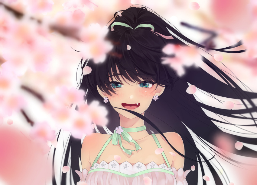 1girl :d bangs bare_shoulders black_hair blush choker collarbone commentary_request earrings eyebrows_visible_through_hair fang floating_hair flower_earrings ganaha_hibiki green_choker green_ribbon high_ponytail highres idolmaster idolmaster_(classic) jewelry long_hair looking_at_viewer nakamura_(mugenlism) open_mouth petals ribbon ribbon_choker sidelocks smile solo upper_body very_long_hair white_background wind