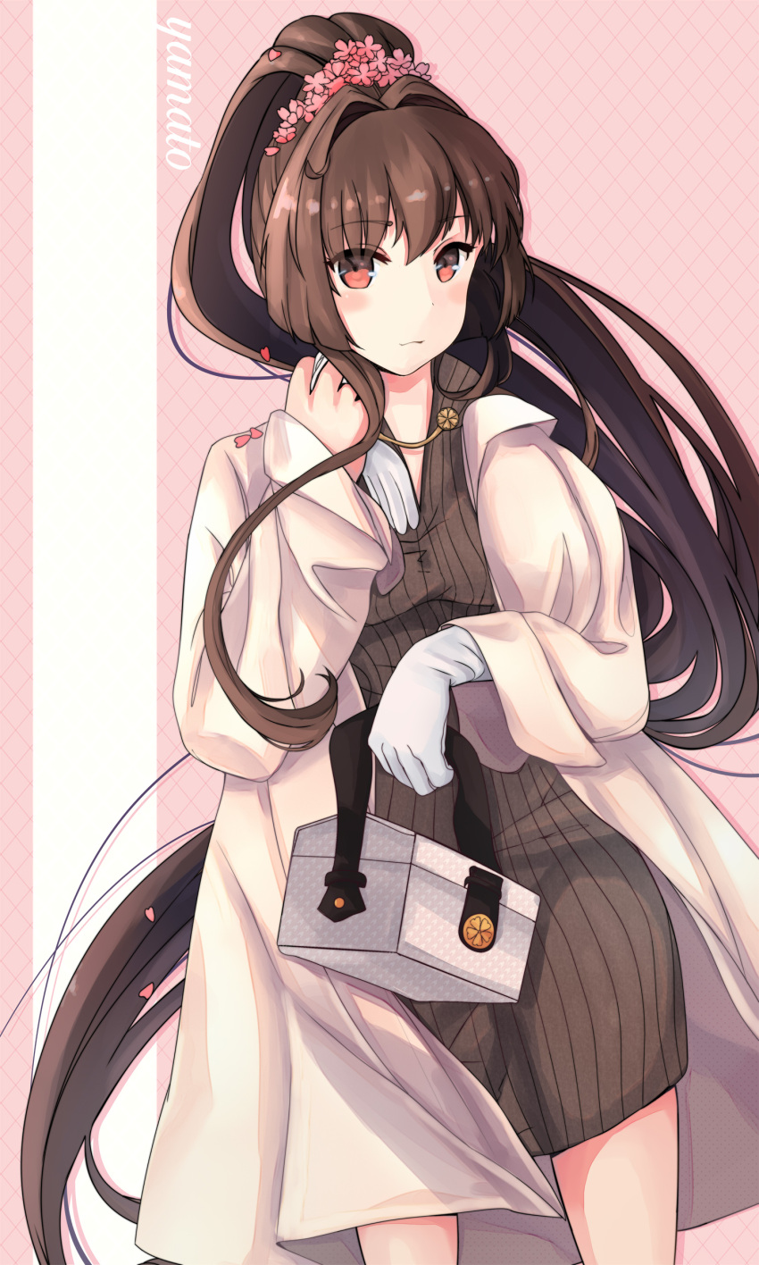 1girl absurdres alternate_costume bag blush breasts brown_eyes brown_hair brown_sweater cake_no_shaberu cherry_blossoms closed_mouth eyebrows_visible_through_hair flower gloves hair_between_eyes hair_flower hair_ornament highres kantai_collection large_breasts long_hair long_sleeves looking_at_viewer ponytail ribbed_sweater smile solo sweater very_long_hair white_coat white_gloves yamato_(kantai_collection)