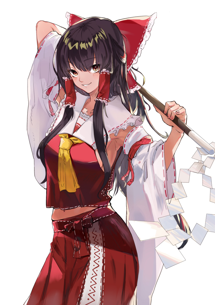 1girl absurdres armpits arms_behind_head ascot bangs bare_shoulders black_hair bow breasts brown_eyes crop_top detached_sleeves frilled_bow frilled_shirt_collar frills gohei grin hair_tubes hakurei_reimu highres holding long_hair looking_at_viewer medium_breasts murechika navel parted_lips red_bow red_skirt ribbon sideboob simple_background skirt skirt_set smile solo standing stomach touhou white_background wide_sleeves yellow_neckwear
