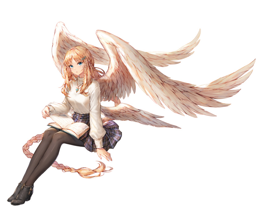 1girl angel angel_wings aselica black_footwear black_legwear black_skirt blonde_hair blue_eyes book braid braided_ponytail breasts feathered_wings full_body hair_ornament hairclip high_heels highres invisible_chair jewelry king's_raid long_hair long_sleeves looking_at_viewer medium_breasts miniskirt necklace non-web_source official_art open_book pantyhose parted_lips plaid plaid_skirt pointy_ears shoes sidelocks sitting skirt solo sweater transparent_background twin_braids very_long_hair white_sweater wings