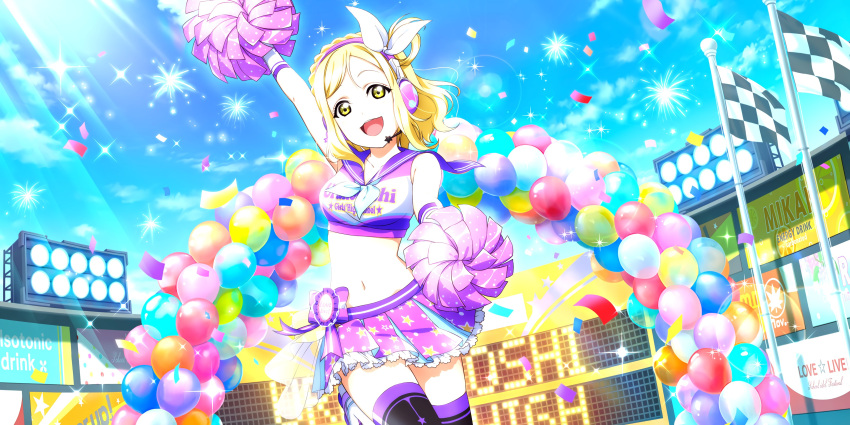 blonde_hair blush cheerleader love_live!_school_idol_festival_all_stars ohara_mari short_hair smile wink yellow_eyes