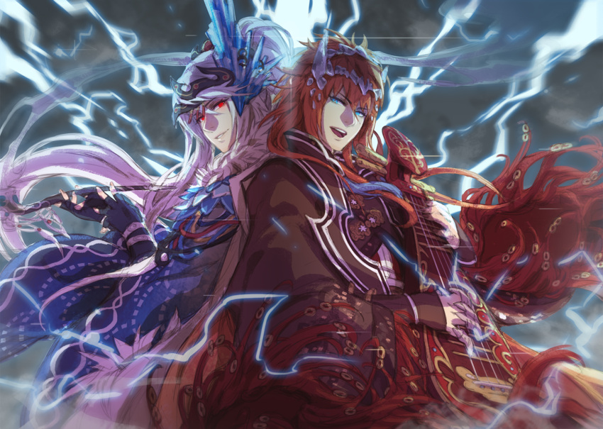 2boys back-to-back blue_eyes commentary commentary_request hair_ornament instrument jacketbear lang_wu_yao lin_xue_ya long_hair lute_(instrument) multiple_boys orange_hair pipe red_eyes thunderbolt_fantasy white_hair