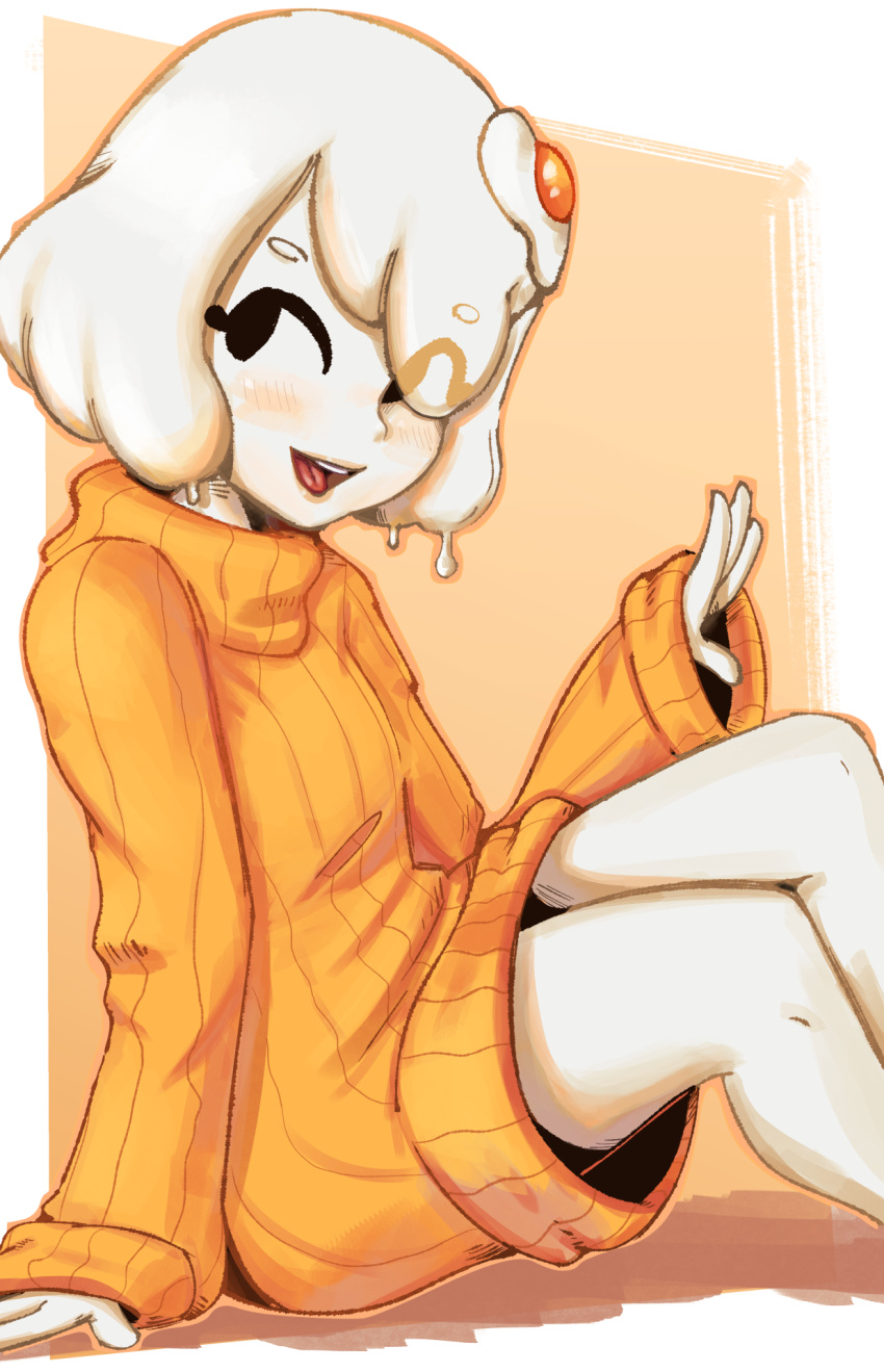 1girl artymono black_eyes borrowed_character egg feet_out_of_frame goo_girl highres long_sleeves looking_at_viewer monster_girl open_mouth orange_sweater original ribbed_sweater simple_background sitting solo sweater