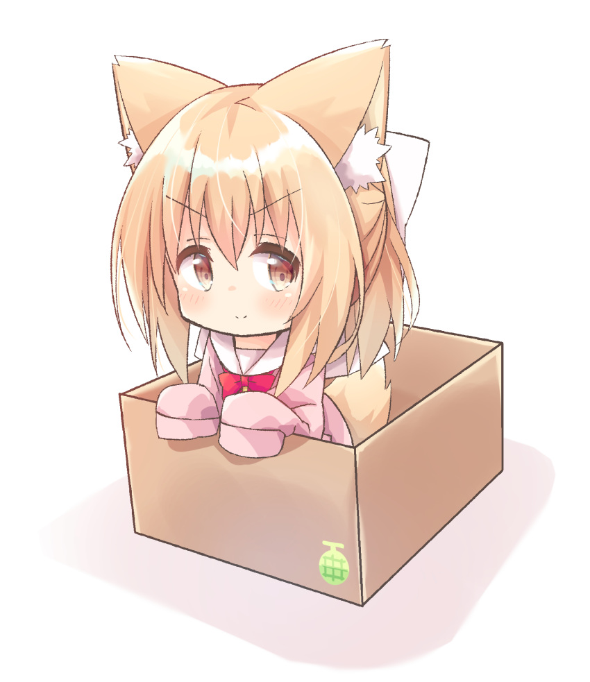 &gt;:) 1girl animal_ear_fluff animal_ears bangs blush bow box brown_eyes cardboard_box chibi closed_mouth commentary_request eyebrows_visible_through_hair hair_between_eyes highres in_box in_container light_brown_hair long_sleeves looking_at_viewer nakkar original pink_shirt red_bow shadow shirt sleeves_past_fingers sleeves_past_wrists smile solo tail v-shaped_eyebrows white_background