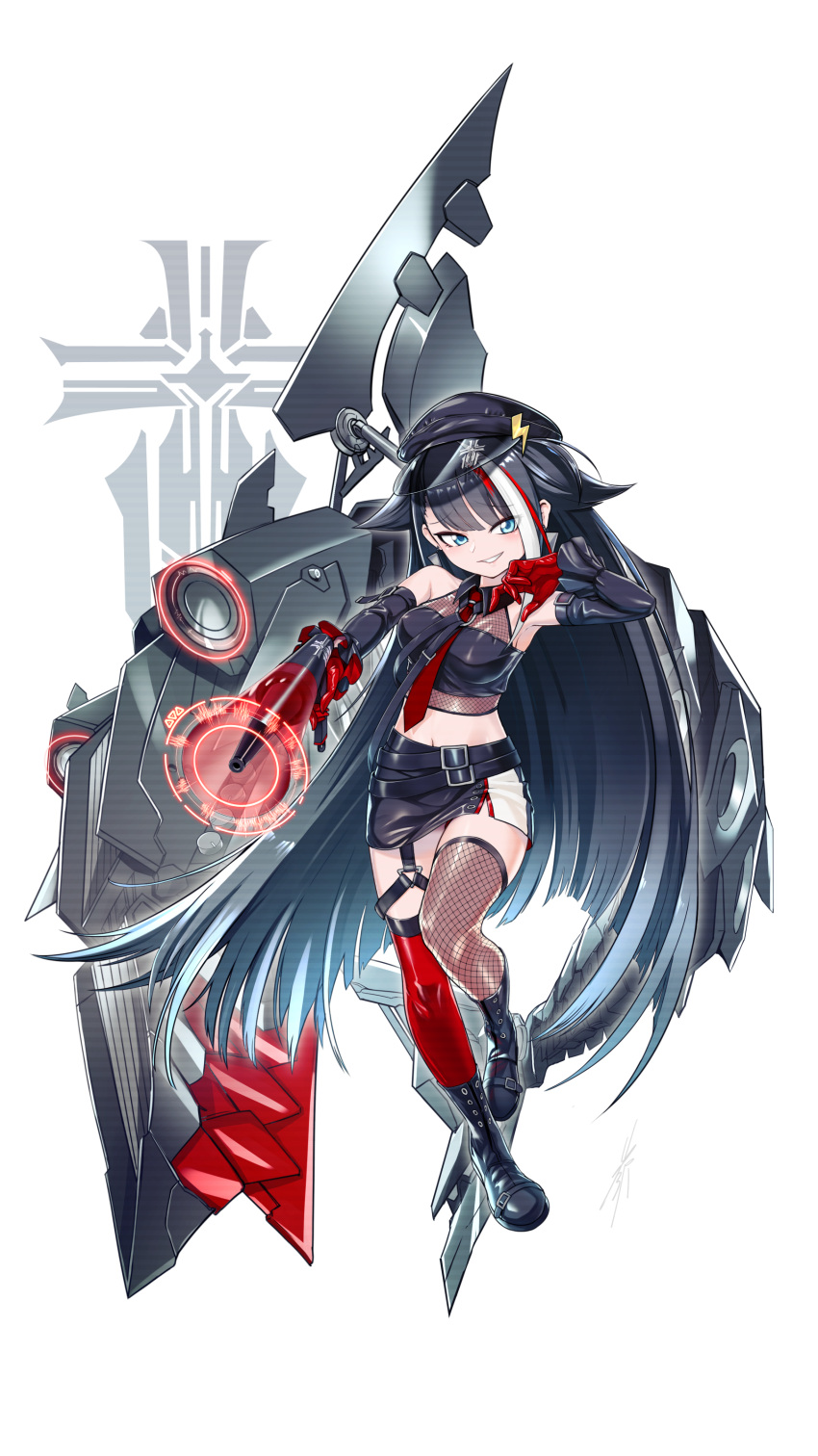 1girl absurdres alternate_costume armpits asymmetrical_legwear azur_lane bare_shoulders belt black_footwear black_hair blue_eyes boots breasts commentary_request detached_sleeves deutschland_(azur_lane) eyebrows_visible_through_hair fishnet_legwear fishnets grin hat highres holding_megaphone long_hair looking_at_viewer medium_breasts megaphone midriff multicolored_hair multiple_belts navel necktie peaked_cap red_neckwear rigging seigetsu_kotaku simple_background single_thighhigh smile smug solo speaker streaked_hair thigh-highs very_long_hair visor_cap white_background