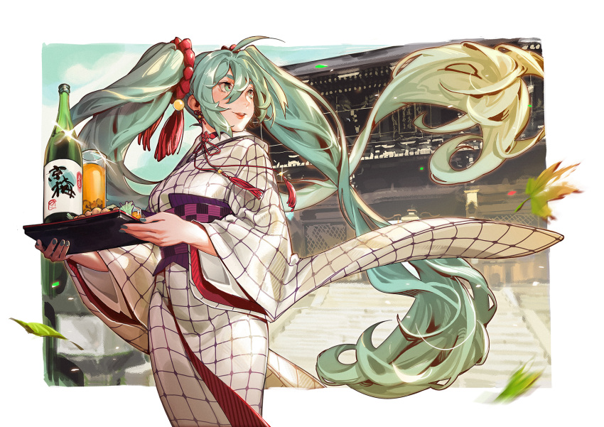 1girl ahoge aqua_eyes aqua_hair aqua_nails architecture bottle commentary_request cowboy_shot cup day drinking_glass east_asian_architecture food hair_ornament hatsune_miku highres holding holding_tray japanese_clothes kimono kyoto leaf leaves_in_wind light_blush long_hair looking_to_the_side maple_leaf motion_blur nail_polish outdoors parted_lips recentia sake_bottle solo sparkle temple tray twintails very_long_hair vocaloid white_kimono wide_sleeves