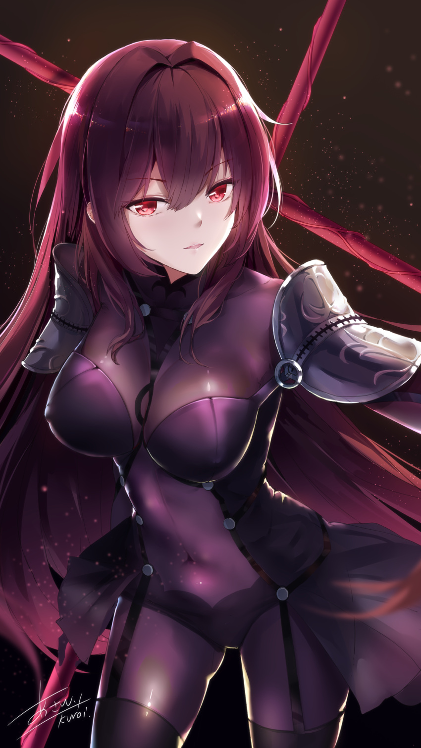 1girl bodysuit breasts dark_background fate/grand_order fate_(series) gae_bolg hair_intakes highres holding holding_weapon k.syo.e+ large_breasts leotard long_hair pauldrons polearm purple_bodysuit purple_hair purple_leotard red_eyes scathach_(fate)_(all) scathach_(fate/grand_order) shoulder_armor signature solo spear weapon