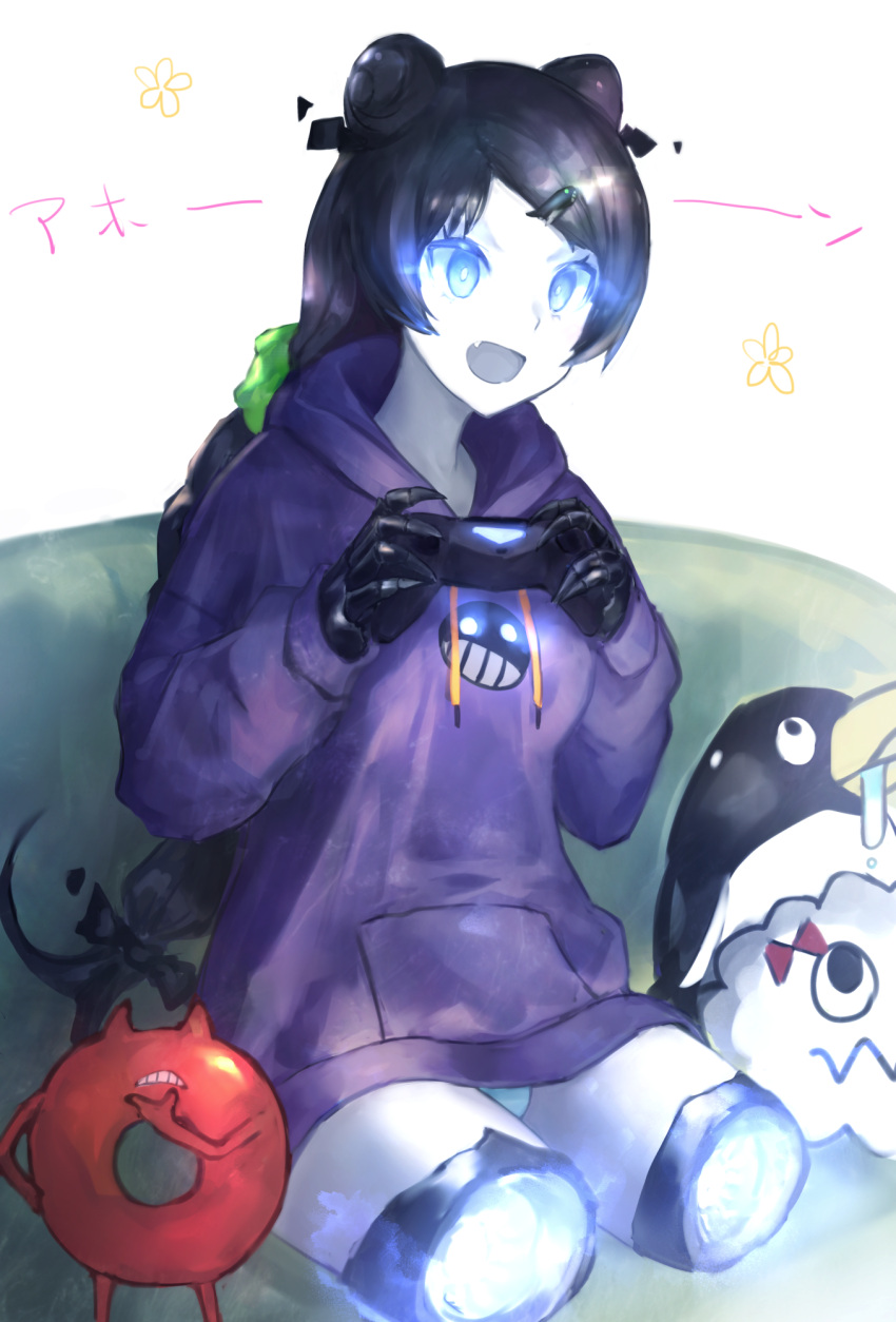 1girl :d amputee black_bow black_hair blue_eyes bow controller couch double_bun enemy_lifebuoy_(kantai_collection) failure_penguin game_controller hair_ornament hair_scrunchie hairclip highres hood hoodie indoors kantai_collection light_cruiser_oni long_hair long_sleeves low-tied_long_hair no_legs open_mouth purple_hoodie scrunchie shinkaisei-kan sitting smile stuffed_animal stuffed_penguin stuffed_toy weasel_(close-to-the-edge) white_background white_skin