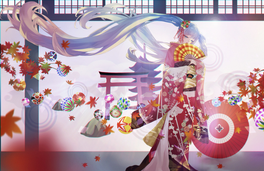 1girl absurdres aikakuv architecture ball blue_eyes blue_hair commentary east_asian_architecture fan floating_hair floral_print flower hair_flower hair_ornament half-closed_eyes hatsune_miku head_tilt highres holding holding_fan huge_filesize japanese_clothes kimono kyoto leaf leaves_in_wind lipstick long_hair looking_down makeup maple_leaf obi oriental_umbrella pagoda porch red_kimono rock sash solo star star_print temple torii twintails umbrella very_long_hair vocaloid wide_shot