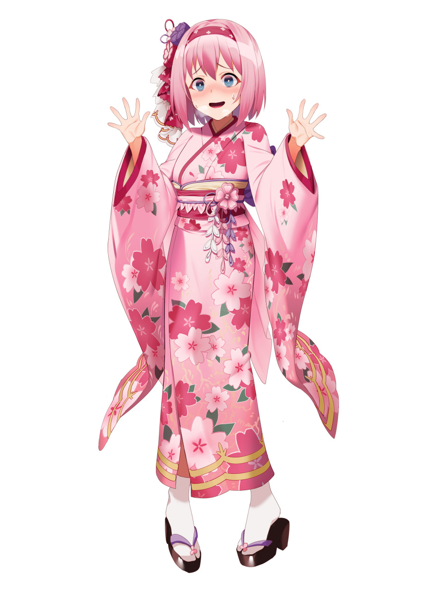 1girl absurdres blush floral_print flower furisode hair_flower hair_ornament highres japanese_clothes kimono kusano_yui obi open_mouth pink_hair pink_kimono princess_connect! princess_connect!_re:dive sash vkejr702