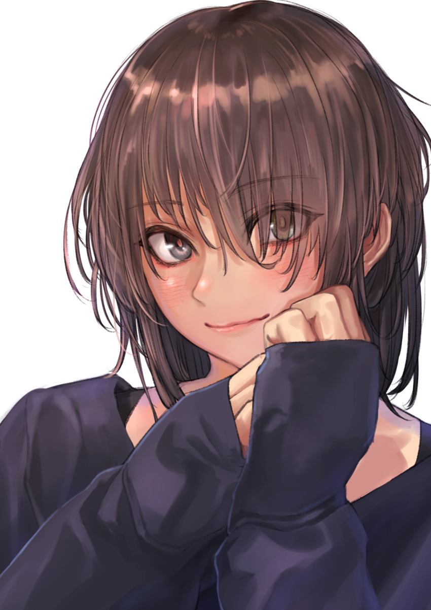 1girl black_eyes black_sweater blush brown_hair closed_mouth commentary_request eyebrows_visible_through_hair eyes_visible_through_hair green_eyes hair_over_one_eye heterochromia highres kilye_4421 long_sleeves looking_at_viewer original own_hands_together pink_lips short_hair sleeves_past_wrists solo sweater upper_body white_background