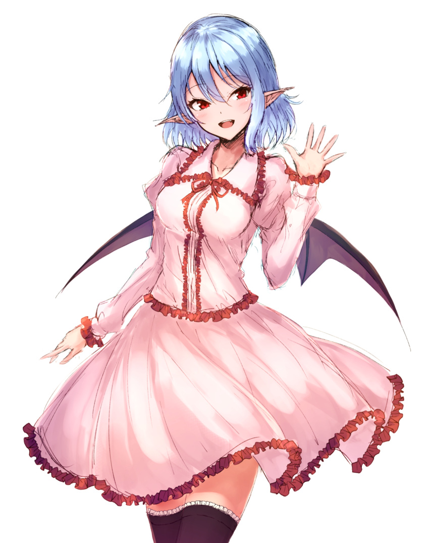 1girl :d bangs bat_wings black_legwear blue_hair blush breasts center_frills commentary cowboy_shot dress eyebrows_visible_through_hair frilled_shirt_collar frills hair_between_eyes hand_up highres juliet_sleeves junior27016 long_sleeves looking_at_viewer medium_breasts no_hat no_headwear open_mouth pink_dress pointy_ears puffy_sleeves red_eyes remilia_scarlet short_hair simple_background smile solo standing thigh-highs touhou white_background wings zettai_ryouiki