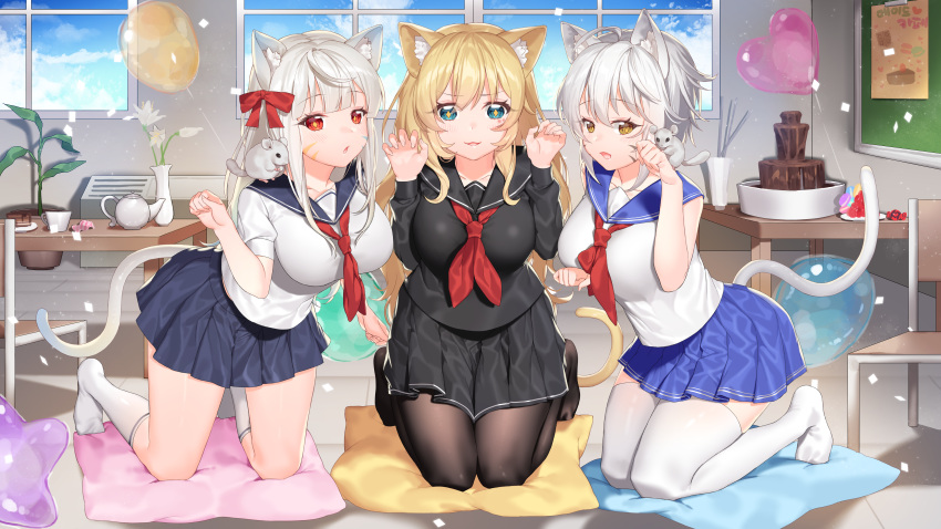 3girls absurdres ahoge animal animal_ears bare_arms bare_shoulders black_legwear black_serafuku black_skirt blonde_hair blue_eyes blue_sailor_collar blue_skirt breasts brown_eyes cat_ears cat_girl cat_tail chair chalkboard chestnut_mouth chocolate_fountain claw_pose commission diamond-shaped_pupils facial_mark flower hands_up heart_balloon highres huge_filesize ia_(ias1010) indoors kneeling large_breasts leaning_forward long_hair long_sleeves looking_at_viewer miniskirt mouse multiple_girls neckerchief no_shoes original pantyhose parted_lips pillow plant pleated_skirt potted_plant red_eyes sailor_collar school_uniform serafuku shirt short_hair short_sleeves silver_hair skirt sleeveless sleeveless_shirt smile socks symbol-shaped_pupils table tail teapot thigh-highs vase very_long_hair white_legwear white_shirt window zettai_ryouiki