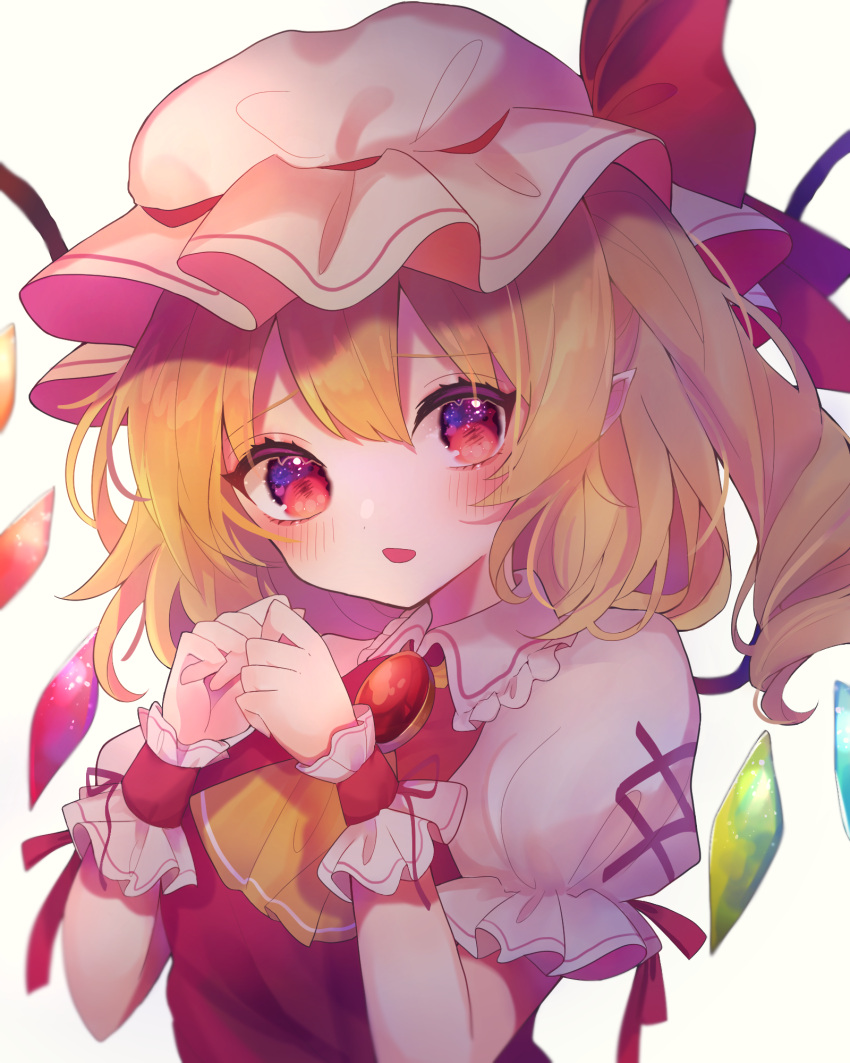 1girl ascot blonde_hair blush chikuwa_(tikuwaumai_) crystal eyebrows_visible_through_hair flandre_scarlet hair_between_eyes hat highres looking_at_viewer mob_cap puffy_short_sleeves puffy_sleeves red_eyes red_ribbon ribbon short_hair short_sleeves side_ponytail solo touhou upper_body white_headwear wings wrist_cuffs yellow_neckwear