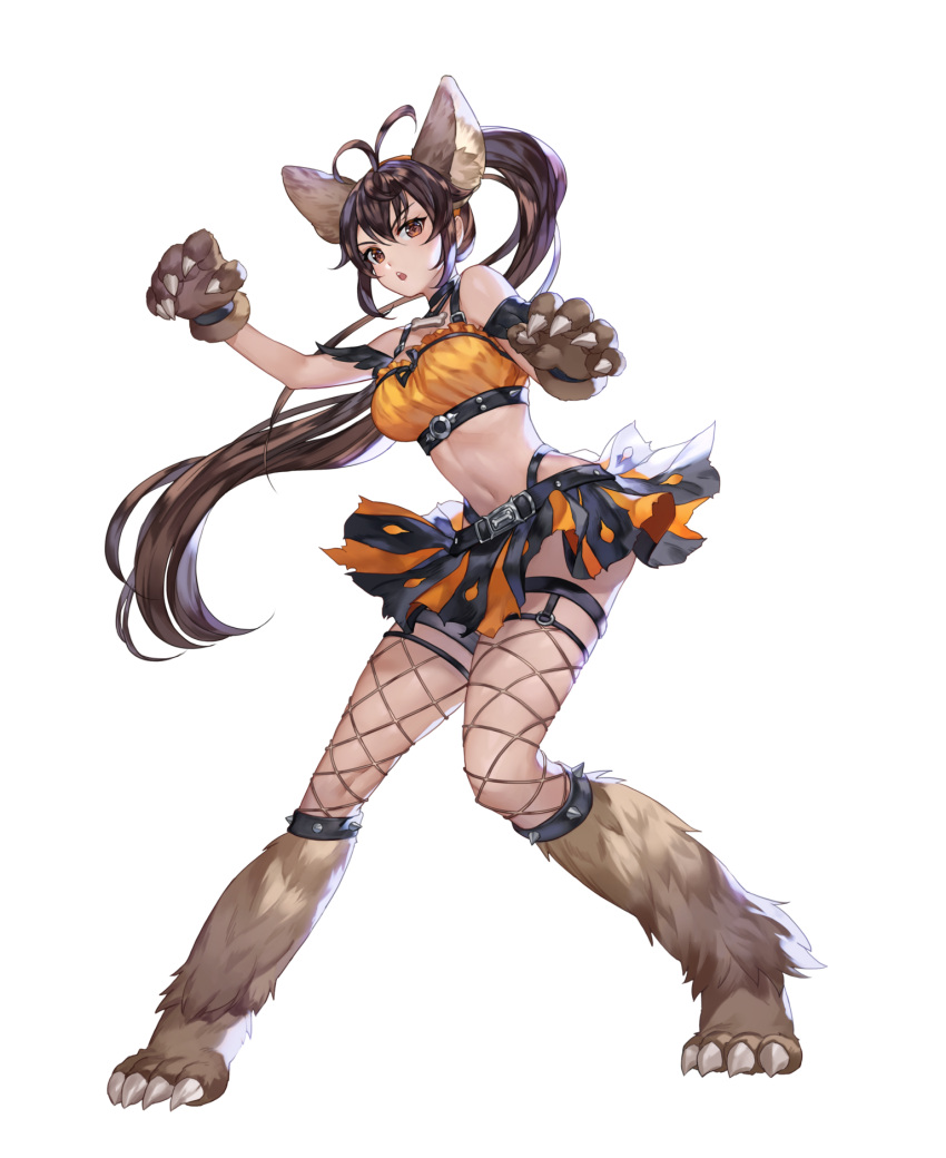 1girl animal_ears antenna_hair bare_shoulders breasts brown_eyes brown_hair cecilia_(king's_raid) chestnut_mouth choker crop_top fishnet_legwear fishnets floating_hair full_body fur gloves highleg highres king's_raid large_breasts long_hair looking_at_viewer midriff miniskirt navel non-web_source official_art open_mouth orange_shirt orange_skirt paw_gloves paw_shoes paws ponytail shirt shoes sidelocks skirt sleeveless sleeveless_shirt solo stomach thigh-highs transparent_background v-shaped_eyebrows very_long_hair