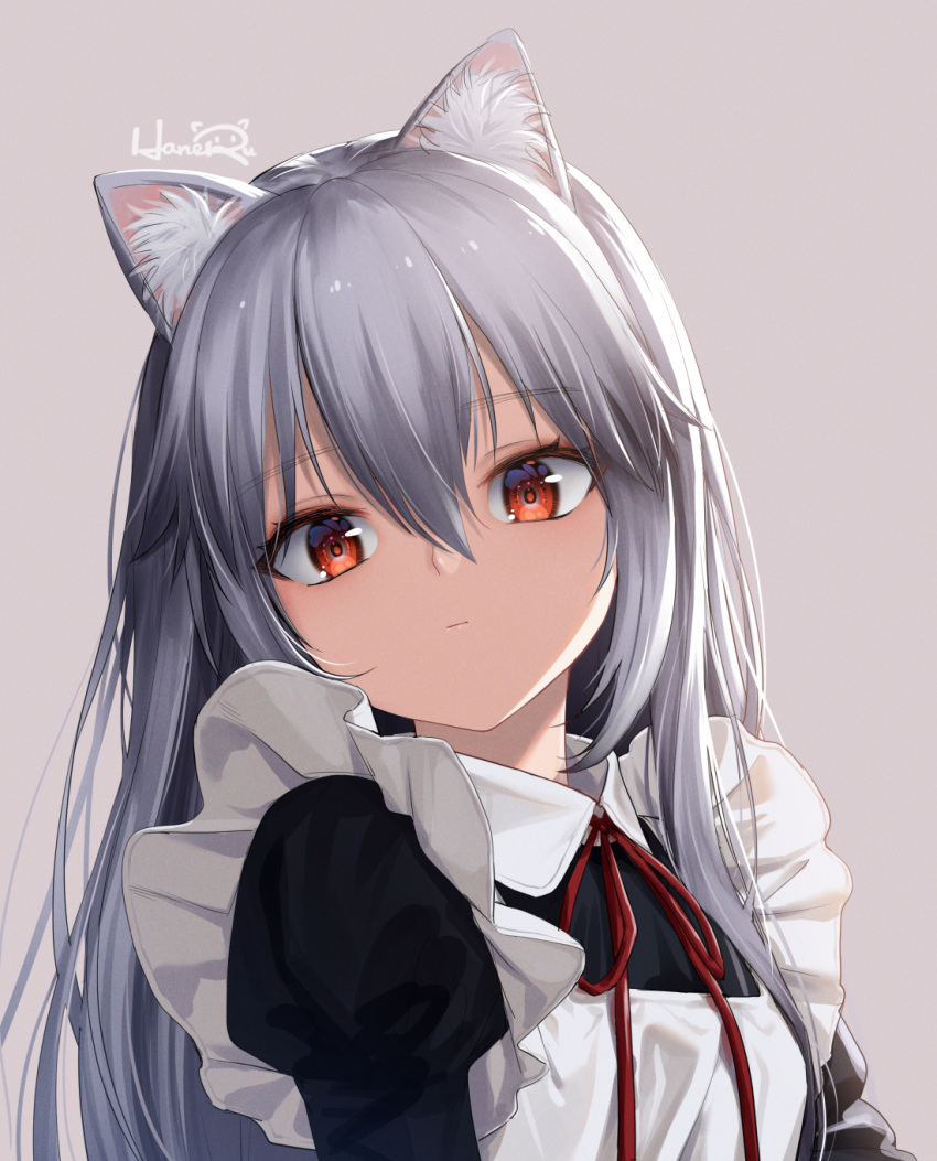 animal_ear_fluff animal_ears apron artist_name bangs borrowed_character brown_background cat_ears cat_girl closed_mouth commentary grey_hair hair_between_eyes haneru highres juliet_sleeves long_hair long_sleeves looking_at_viewer maid neck_ribbon original puffy_sleeves red_eyes red_neckwear red_ribbon ribbon simple_background upper_body white_apron