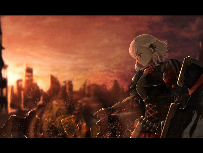 1girl armor bandolier blurry blurry_background breastplate commentary_request corset cross-laced_clothes gauntlets girls_frontline hair_ribbon highres issun_boushi_(taku37taku) labyrinth_of_the_dark letterboxed red_eyes ribbon ruins shield solo spas-12_(girls_frontline) sunset white_hair