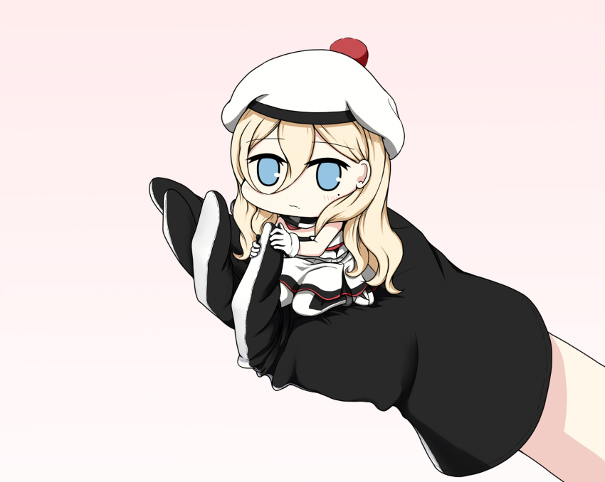 1girl beret blonde_hair blue_eyes blush chibi chibi_inset commentary_request dress eyebrows_visible_through_hair gloves hair_between_eyes hat kantai_collection long_hair looking_at_viewer mole mole_under_eye mole_under_mouth multicolored multicolored_clothes multicolored_gloves multicolored_scarf pom_pom_(clothes) richelieu_(kantai_collection) scarf simple_background strapless strapless_dress two-tone_gloves two-tone_legwear yakuto007