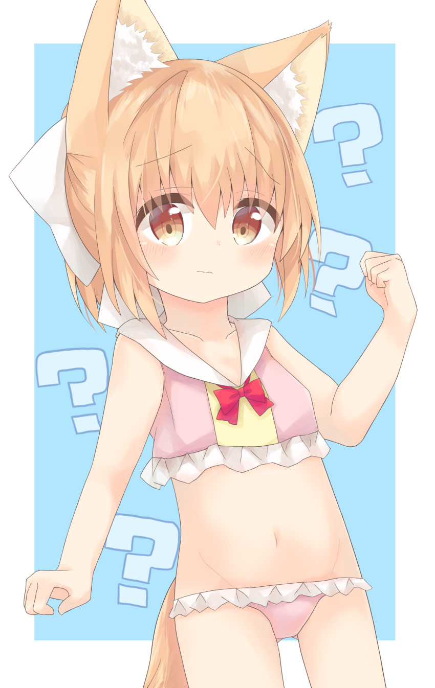 1girl ? absurdres animal_ear_fluff animal_ears ass_visible_through_thighs bangs bare_arms bikini blue_background blush bow brown_eyes closed_mouth collarbone commentary_request eyebrows_visible_through_hair frilled_bikini frills groin hair_between_eyes hair_bow hand_up highres light_brown_hair nakkar navel original pink_bikini solo swimsuit tail two-tone_background wavy_mouth white_background white_bow