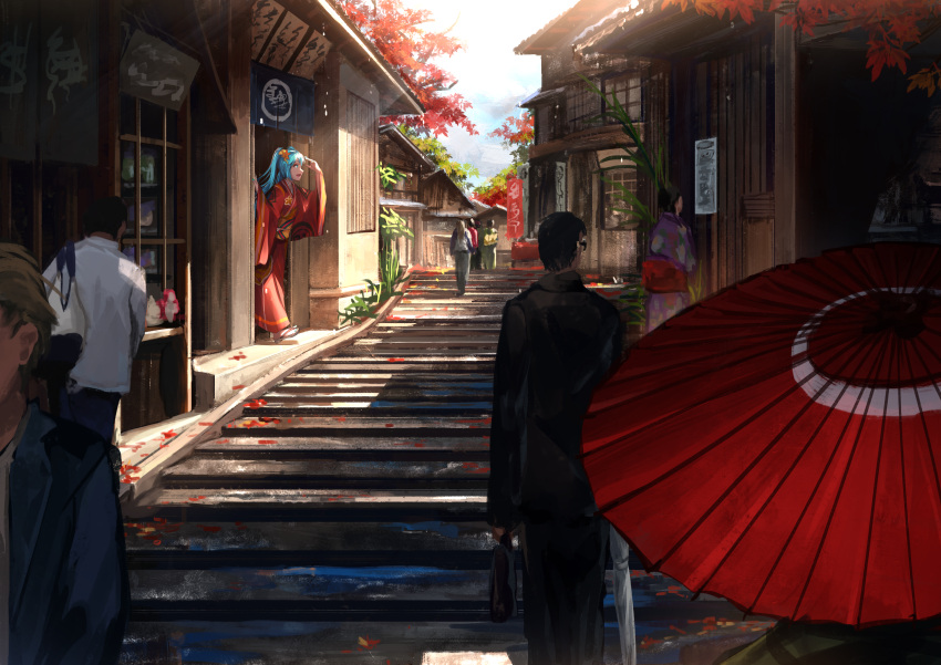 absurdres aqua_eyes aqua_hair architecture autumn_leaves banner commentary day east_asian_architecture floral_print hatsune_miku highres huge_filesize japanese_clothes kanjou_jouki kimono kyoto leaf maple_leaf oriental_umbrella outdoors peeking_out people plant purple_kimono red_kimono red_umbrella road sandals scenery shading_eyes shop slope stairs street sunlight tree twintails umbrella vocaloid