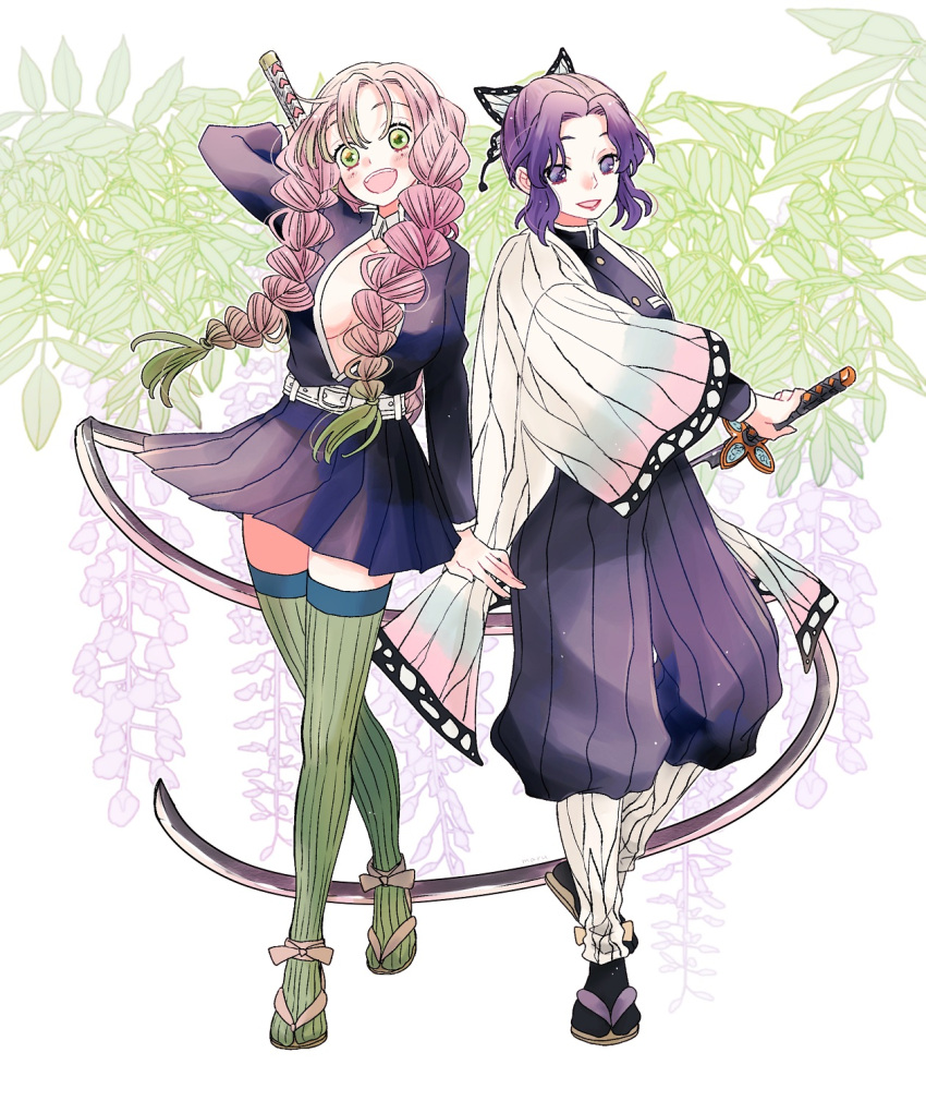 animal_print belt blush breasts butterfly_hair_ornament butterfly_print dress gradient_hair green_hair green_legwear hair_ornament haori highres japanese_clothes kanroji_mitsuri kimetsu_no_yaiba kochou_shinobu legs long_hair maru_(memoriatechnica) mole mole_under_eye multicolored_hair open_mouth partially_unbuttoned pink_hair purple_butterfly quad_braids ribbed_legwear ribbed_sweater sandals short_hair skirt sweater tri_braids unbuttoned unbuttoned_shirt whip_sword white_belt